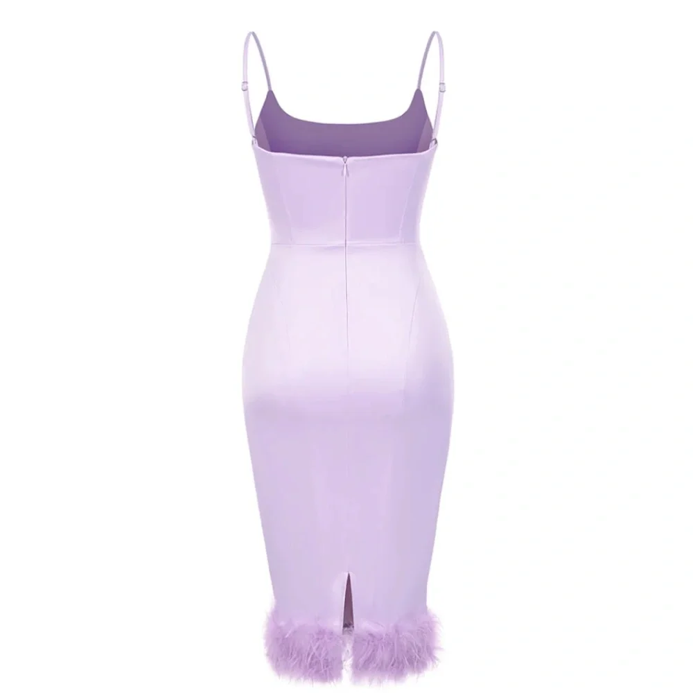 Satin Feather Hem Spaghetti Strap Midi Dress - Picture 2 of 3